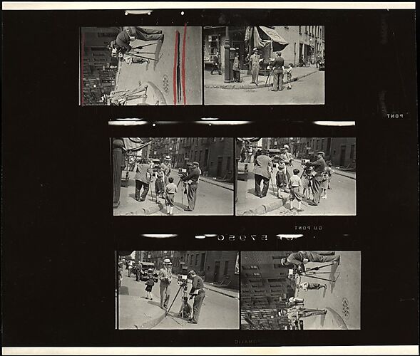 [Contact Sheet of Six 35mm Negatives: Tintype Photographer at Work, Probably Greenwich Village, New York City]