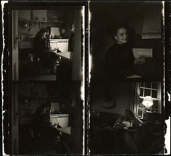 [Cut Contact Sheet of Four 120mm Negatives: Jane Smith Evans (3) and Billie Voorhees (1) in Walker Evans's Apartment at 441 East 92nd Street, New York City], Walker Evans (American, St. Louis, Missouri 1903–1975 New Haven, Connecticut), Gelatin silver print 