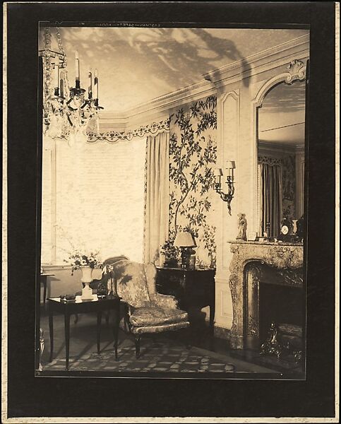 [Living Room Interior, with Chandelier, Floral Print Wall Paper, and Fireplace, Probably Joseph Verner Reed Family Residence], Walker Evans (American, St. Louis, Missouri 1903–1975 New Haven, Connecticut), Gelatin silver print 