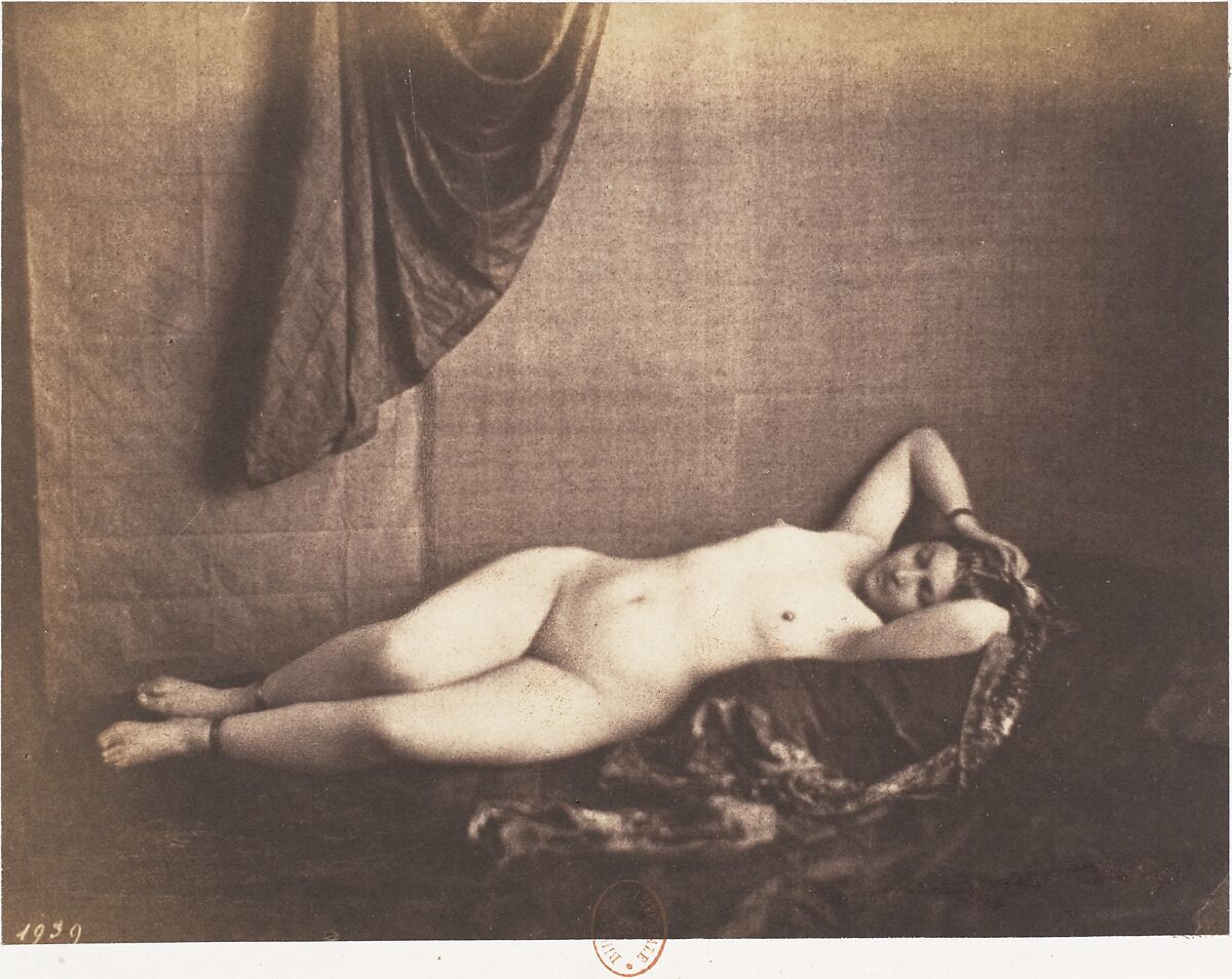 [Reclining Nude], Julien Vallou de Villeneuve (French, 1795–1866), Salted paper print from paper negative 