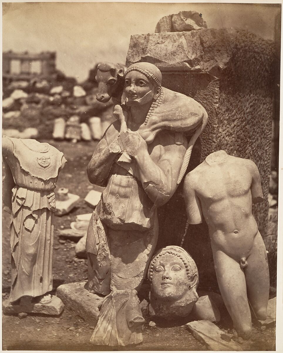 [The Calf-Bearer and the Kritios Boy Shortly After Exhumation on the Acropolis]; Danseuse du Temple de Bacchus, Unknown, Albumen silver print from glass negative