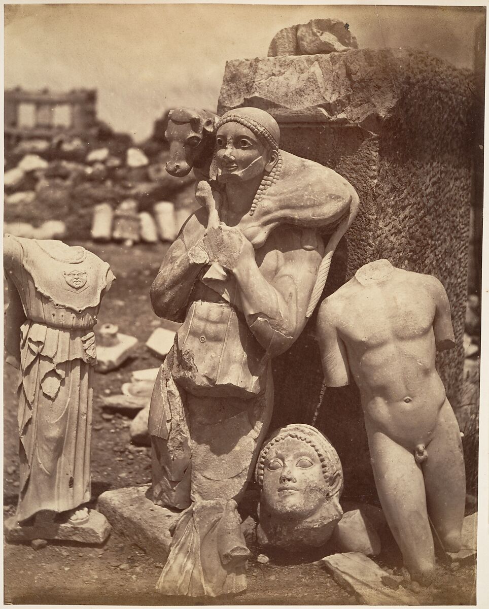 [The Calf-Bearer and the Kritios Boy Shortly After Exhumation on the Acropolis]; Danseuse du Temple de Bacchus, Unknown, Albumen silver print from glass negative 