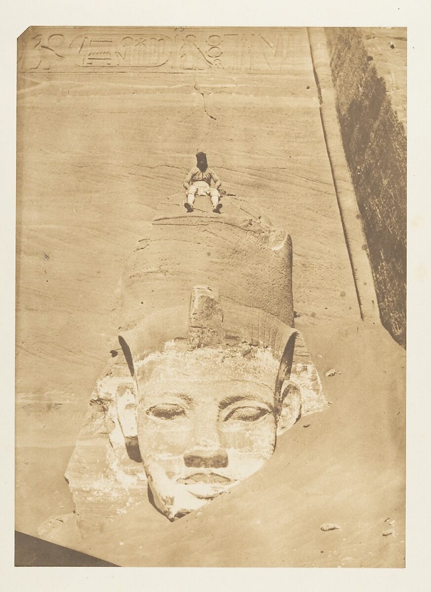 Westernmost Colossus of the Temple of Re, Abu Simbel, Maxime Du Camp (French, 1822–1894), Salted paper print from paper negative 