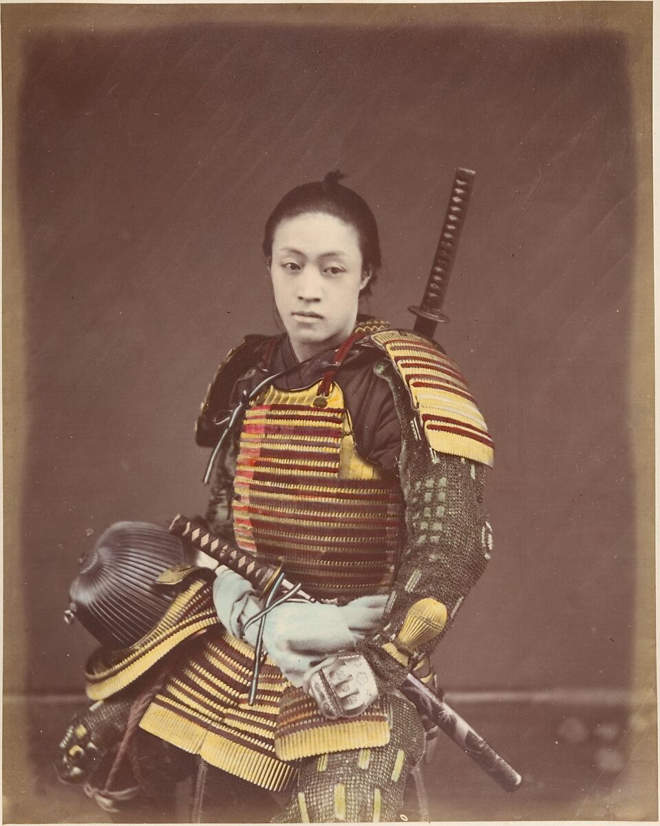 Actor in Samurai Armor, Suzuki Shin&#39;ichi (Japanese, 1835–1919), Albumen silver print from glass negative with applied color 