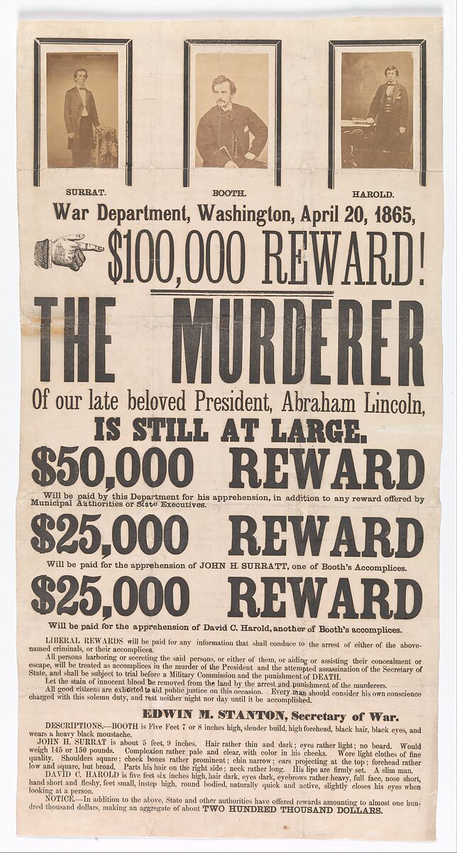 [Broadside for the Capture of John Wilkes Booth, John Surratt, and David Herold], Unknown (American), Ink on paper with three albumen silver prints from glass negatives 