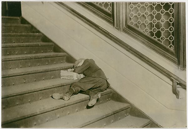 Newsboy asleep on stairs with papers, Jersey City, New Jersey, Lewis Hine (American, 1874–1940), Gelatin silver print 