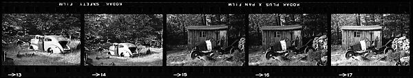 [67 Views of Junked Car and Shed and Stone Wall: "Chris Voorhees Junkyard"], Walker Evans (American, St. Louis, Missouri 1903–1975 New Haven, Connecticut), Film negative