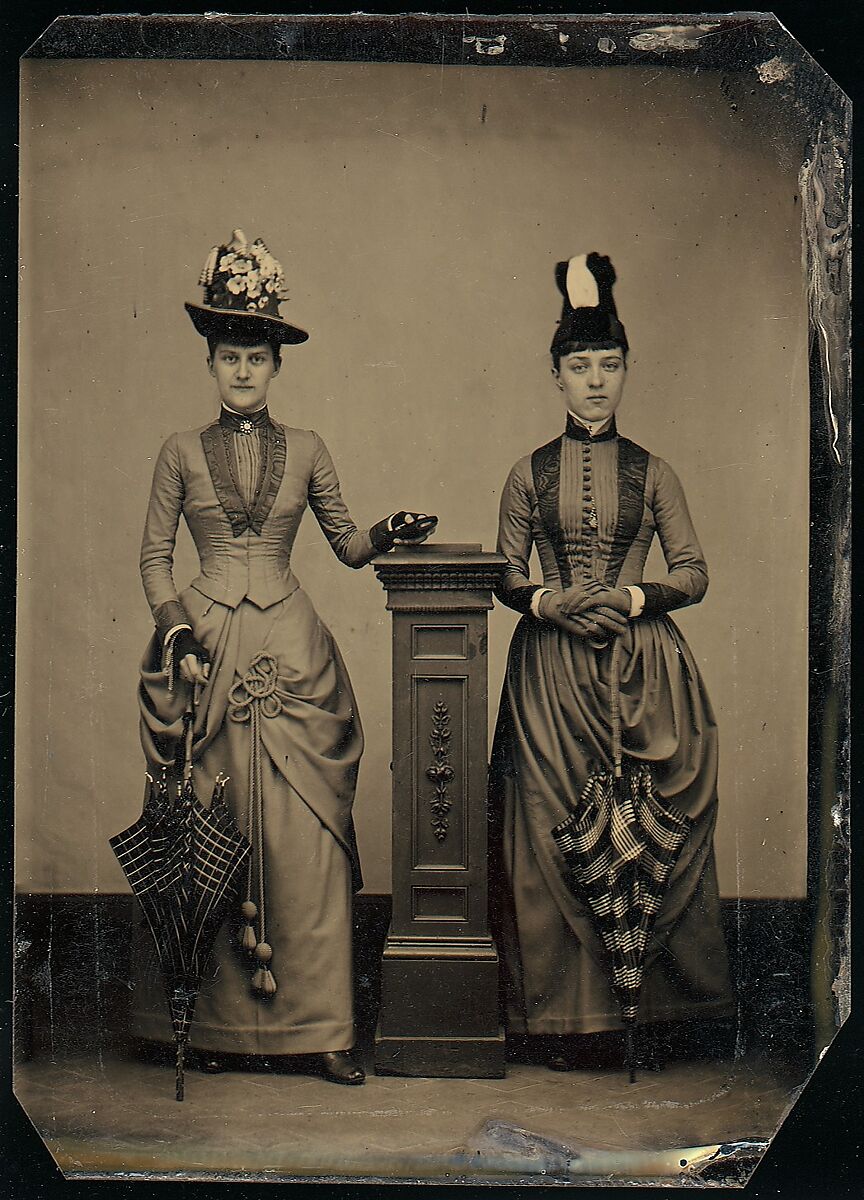 [Studio Portrait of Two Women Holding Folded Parasols], Unknown (American), Tintype 