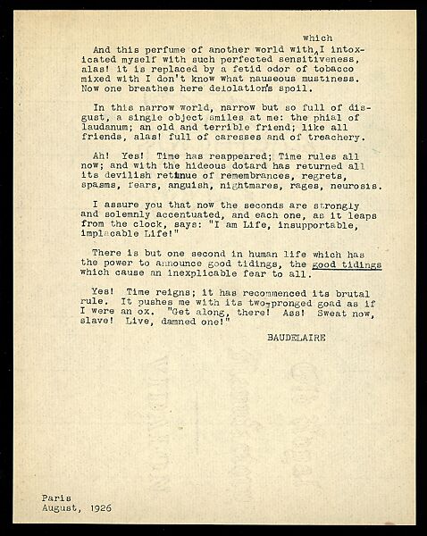 [Four-Page Translation of Charles Baudelaire's Prose Poem, "The Double Room"], Walker Evans (American, St. Louis, Missouri 1903–1975 New Haven, Connecticut), Ink on paper