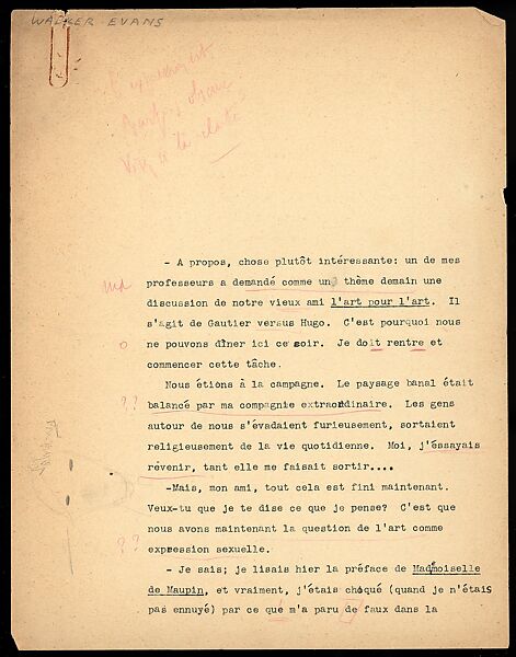 [Essay in French: "A propos, chose plutôt interessante..."], Walker Evans (American, St. Louis, Missouri 1903–1975 New Haven, Connecticut), Ink on paper 