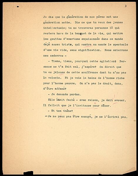 [Essay in French: "A propos, chose plutôt interessante..."], Walker Evans (American, St. Louis, Missouri 1903–1975 New Haven, Connecticut), Ink on paper