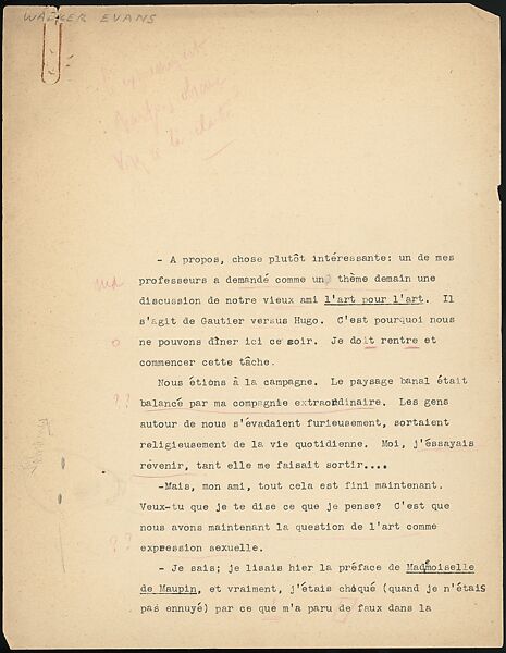 [Essay in French: "A propos, chose plutôt interessante..."], Walker Evans (American, St. Louis, Missouri 1903–1975 New Haven, Connecticut), Ink on paper