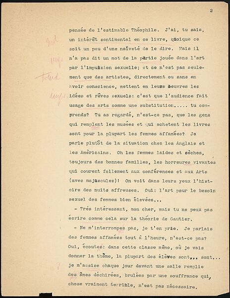 [Essay in French: "A propos, chose plutôt interessante..."], Walker Evans (American, St. Louis, Missouri 1903–1975 New Haven, Connecticut), Ink on paper