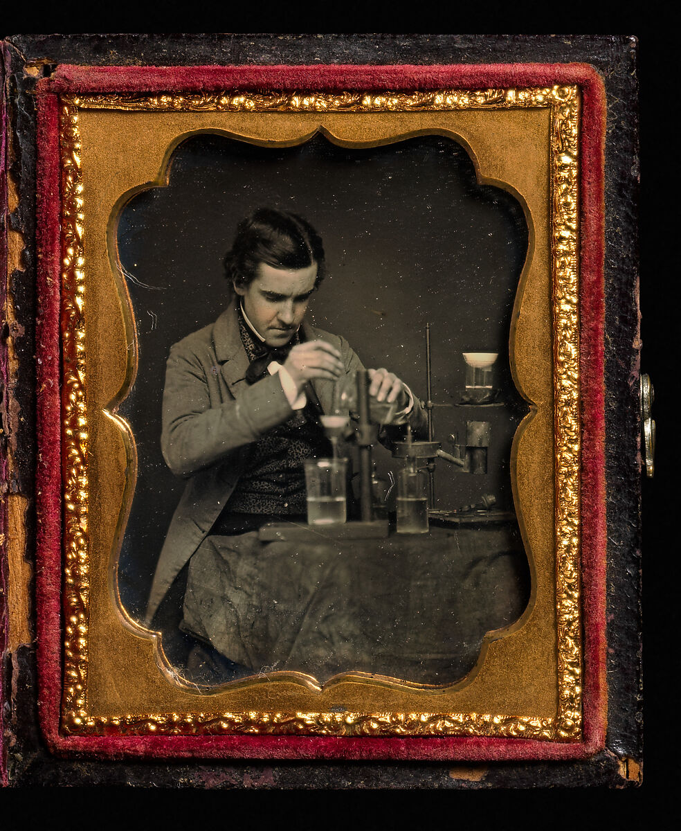 [Alfred Marshall Mayer with Chemistry Equipment], Unknown (American), daguerreotype with applied color