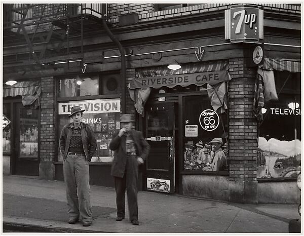 [Two Men on Street before a Corner Cafe, Oregon], John Gutmann (American (born Germany), Breslau 1905–1998 San Francisco, California), Gelatin silver print 