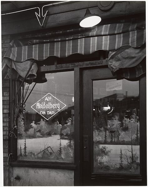 [Corner Cafe Window with Painted Scene and Neon Sign for "Alt Heidelberg on Tap"], John Gutmann (American (born Germany), Breslau 1905–1998 San Francisco, California), Gelatin silver print 