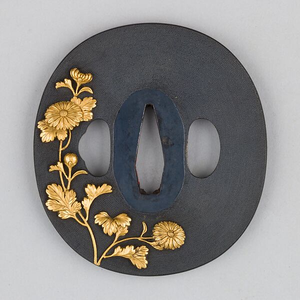 Sword Guard (Tsuba), Copper-gold alloy (shakudō), gold, copper, Japanese