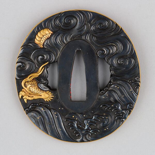 Sword Guard (Tsuba), Copper-gold alloy (shakudō), gold, copper, Japanese
