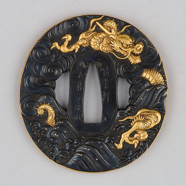 Sword Guard (Tsuba), Copper-gold alloy (shakudō), gold, copper, Japanese 