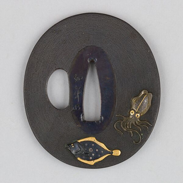 Sword Guard (Tsuba), Copper-gold alloy (shakudō), gold, silver, copper, Japanese 