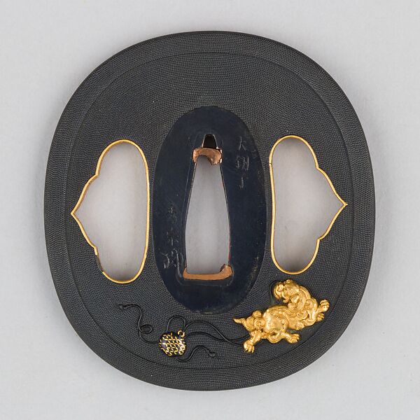 Sword Guard (Tsuba), Copper-gold alloy (shakudō), gold, enamel, copper, Japanese 