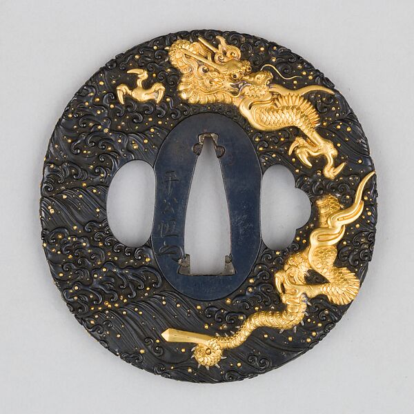 Sword Guard (Tsuba), Copper-gold alloy (shakudō), gold, copper, Japanese 