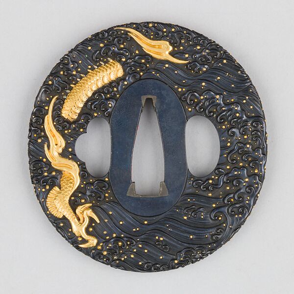 Sword Guard (Tsuba), Copper-gold alloy (shakudō), gold, copper, Japanese