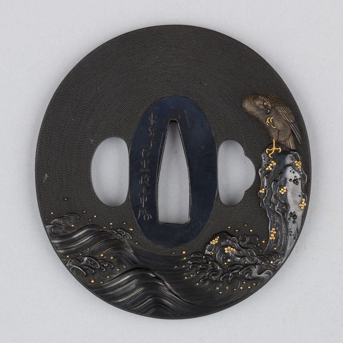 波濤に岩上鷹図大小 Sword Guard (<i>Tsuba</i>), Inscribed by 石黒政常 Ishiguro Masatsune (Japanese, 1760–1828), Copper-gold alloy (<i>shakudō</i>), copper-silver alloy (<i>shibuichi</i>), gold, copper, Japanese 