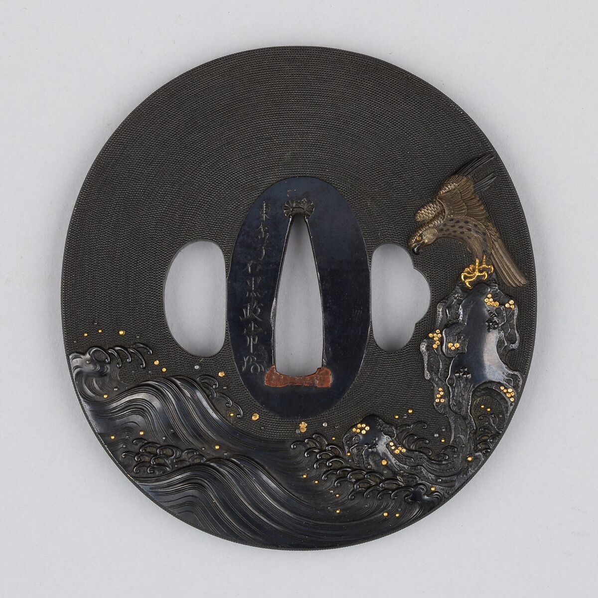 波濤に岩上鷹図大小 Sword Guard (<i>Tsuba</i>), 石黒政常 Ishiguro Masatsune  Japanese, Copper-gold alloy (<i>shakudō</i>), copper-silver alloy (<i>shibuichi</i>), gold, copper, Japanese