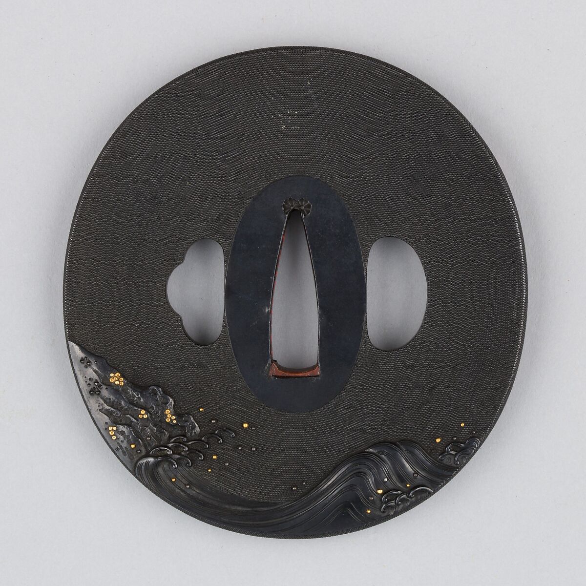波濤に岩上鷹図大小 Sword Guard (<i>Tsuba</i>), Inscribed by 石黒政常 Ishiguro Masatsune (Japanese, 1760–1828), Copper-gold alloy (<i>shakudō</i>), copper-silver alloy (<i>shibuichi</i>), gold, copper, Japanese