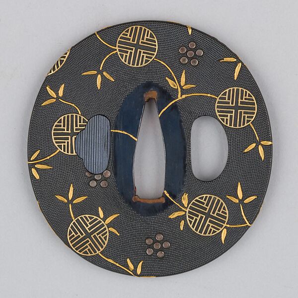 Sword Guard (Tsuba), Copper-gold alloy (shakudō), gold, copper, Japanese