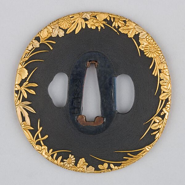 Sword Guard (Tsuba), Copper-gold alloy (shakudō), gold, copper, Japanese