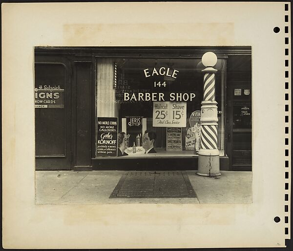 ["Eagle" Barber Shop Window, New York City], Rudy Burckhardt (American (born Switzerland), Basel 1914–1999 Searsmont, Maine), Gelatin silver print 