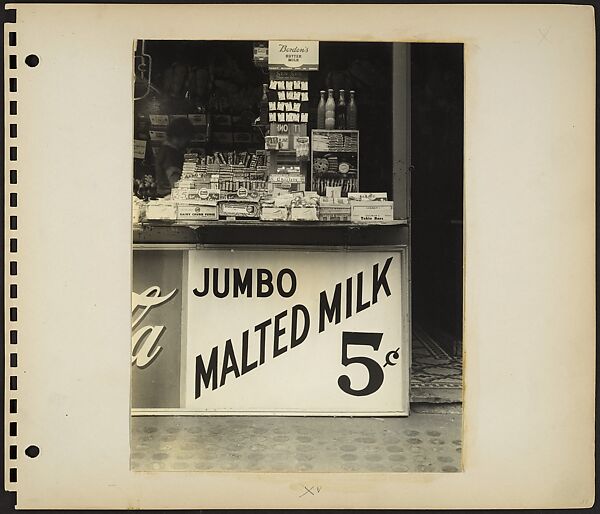 [Cigar and Candy Stand with Painted Sign "JUMBO MALTED MILK 5¢", New York City], Rudy Burckhardt (American (born Switzerland), Basel 1914–1999 Searsmont, Maine), Gelatin silver print 