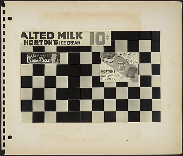 [Checkerboard Tiled Wall Detail with Ice Cream Advertisements, New York City], Rudy Burckhardt (American (born Switzerland), Basel 1914–1999 Searsmont, Maine), Gelatin silver print 