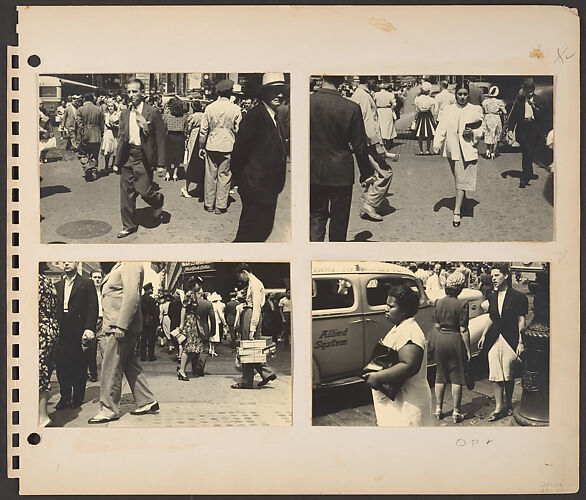 [Pedestrians, New York City: Woman in White Collarless Jacket; Man and Manhole in Foreground; Young Man Carrying Shoe Boxes; Taxicab, Three Women, and Lamppost]