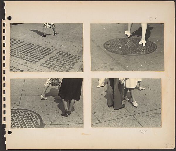 [Pedestrians, New York City: Legs of Woman in Circle Pattern Dress Walking Past Sidewalk Skylights; Legs of Woman Walking Across Manhole Cover; Legs of Two Women Crossing Next to Sidewalk Skylights; Pedestrians' Legs], Rudy Burckhardt (American (born Switzerland), Basel 1914–1999 Searsmont, Maine), Gelatin silver print 