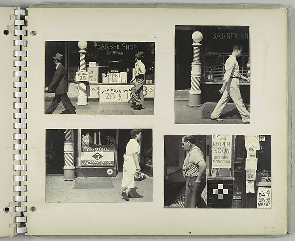 [Pedestrians, New York City: Two Men Walking Past Barber Shop; Man Walking Past Barber Shop; Woman Walking Past Soda Counter and Barber Shop Pole; Man in Suspenders Walking Past Storefront with Posted Sign "Fresh Bait"], Rudy Burckhardt (American (born Switzerland), Basel 1914–1999 Searsmont, Maine), Gelatin silver print