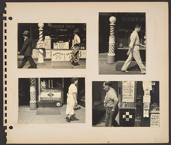 [Pedestrians, New York City: Two Men Walking Past Barber Shop; Man Walking Past Barber Shop; Woman Walking Past Soda Counter and Barber Shop Pole; Man in Suspenders Walking Past Storefront with Posted Sign "Fresh Bait"], Rudy Burckhardt (American (born Switzerland), Basel 1914–1999 Searsmont, Maine), Gelatin silver print 