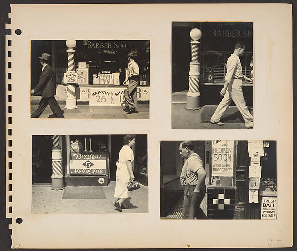 [Pedestrians, New York City: Two Men Walking Past Barber Shop; Man Walking Past Barber Shop; Woman Walking Past Soda Counter and Barber Shop Pole; Man in Suspenders Walking Past Storefront with Posted Sign 