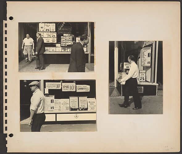 [Pedestrians, New York City: Three Men Walking Past Lunchroom; Man in Shirt Sleeves and Cap Passing Lunchroom Window with Posted Signs; Man Passing Lunchroom Window]