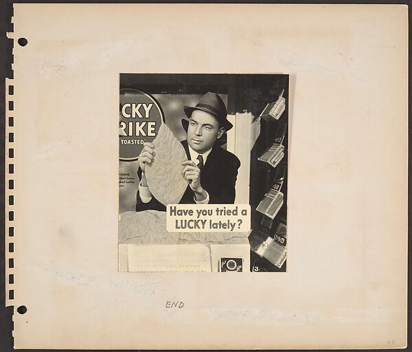 [Cigar Store Window Advertisement for Lucky Strike Cigarettes Showing Man Holding Tobacco Leaf, New York City], Rudy Burckhardt (American (born Switzerland), Basel 1914–1999 Searsmont, Maine), Gelatin silver print 