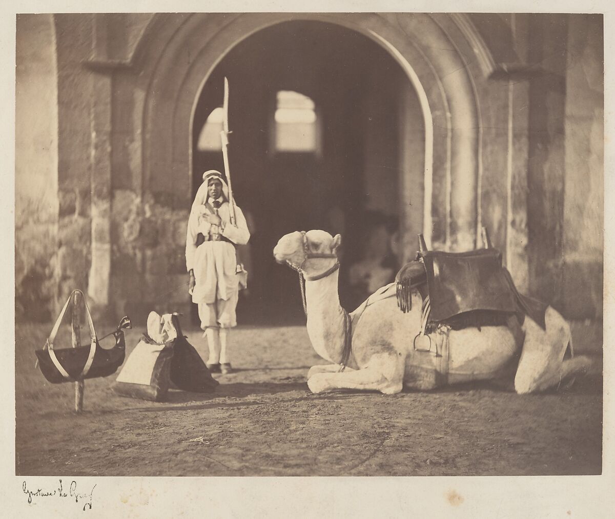 [Soldier and Military Camel], Gustave Le Gray (French, 1820–1884), Albumen silver print from glass negative 