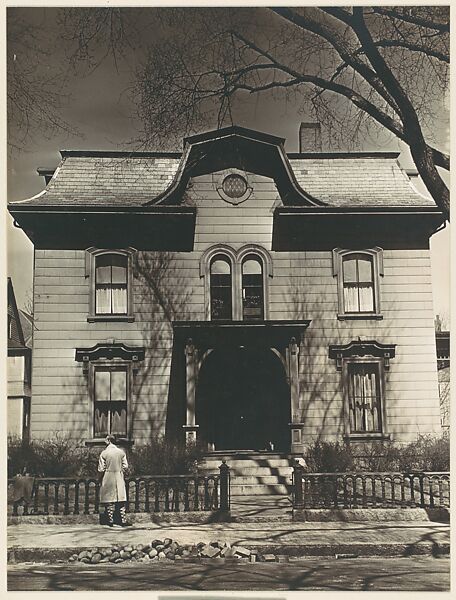 [Italianate Revival House with Man on Sidewalk, Possibly John Brooks Wheelwright, Cambridge, Massachusetts], Walker Evans (American, St. Louis, Missouri 1903–1975 New Haven, Connecticut), Gelatin silver print 