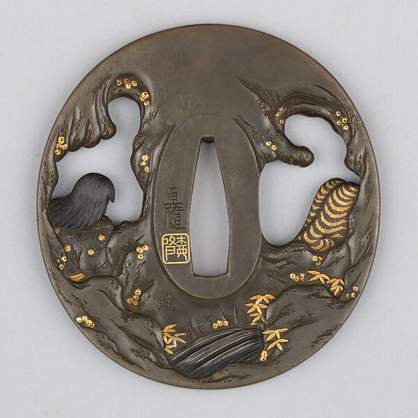 Sword Guard (Tsuba), Copper-silver alloy (shibuichi), gold, copper, Japanese