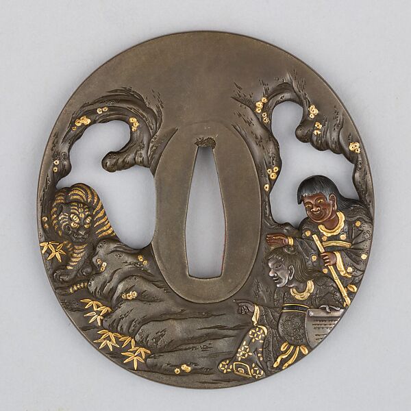 Sword Guard (Tsuba), Copper-silver alloy (shibuichi), gold, copper, Japanese 