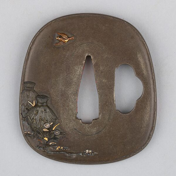 Sword Guard (Tsuba), Copper-silver alloy (shibuichi), gold, copper, Japanese