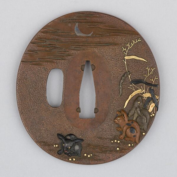 Sword Guard (Tsuba), Copper, copper-gold alloy (shakudō), gold, Japanese 