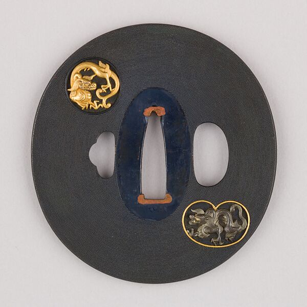 Sword Guard (Tsuba), Copper-gold alloy (shakudō), gold, copper, Japanese