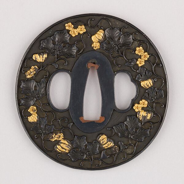 Sword Guard (Tsuba), Copper-gold alloy (shakudō), gold, copper, Japanese 